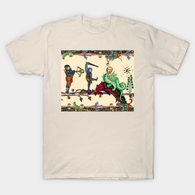 WEIRD MEDIEVAL BESTIARY  WAR, KNIGHTS COMBATTING AGAINST HYBRID DRAGON T-Shirt by BulganLumini